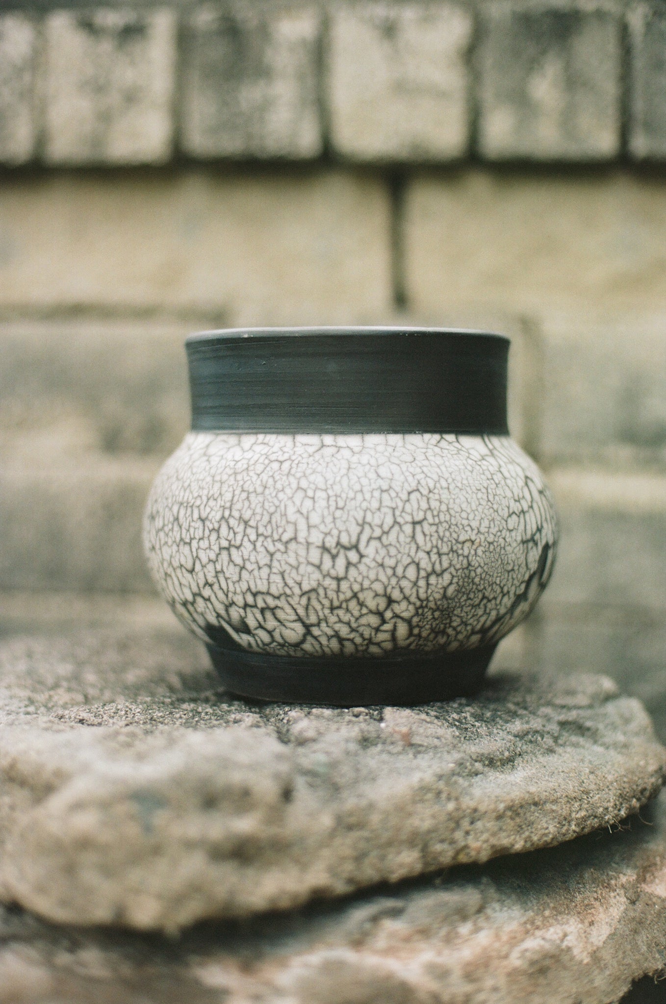 Raku Black Crackled Rimmed Vase