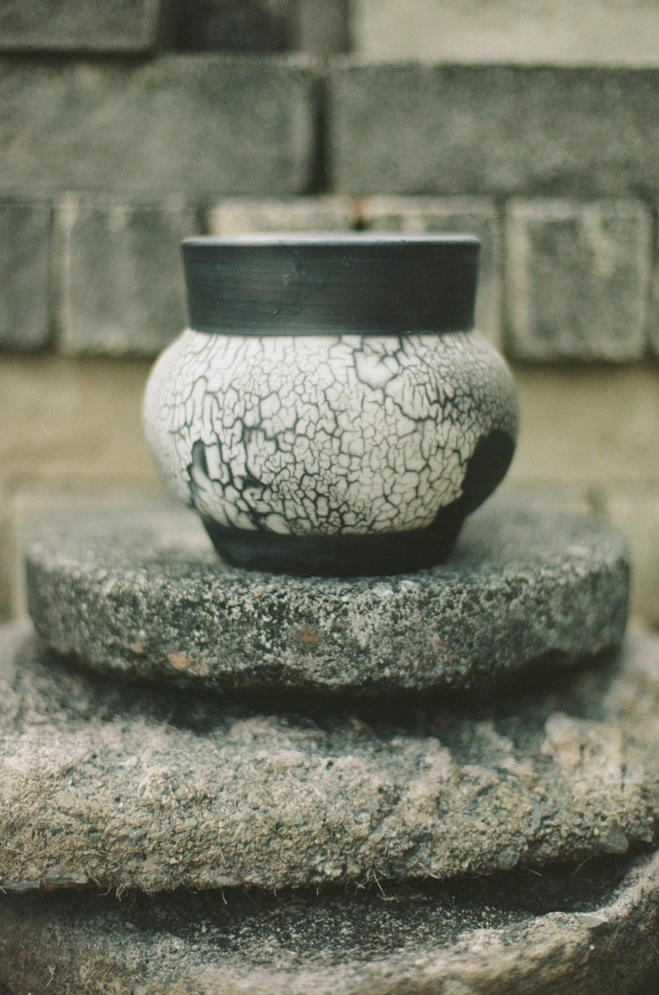 Raku Black Crackled Rimmed Vase