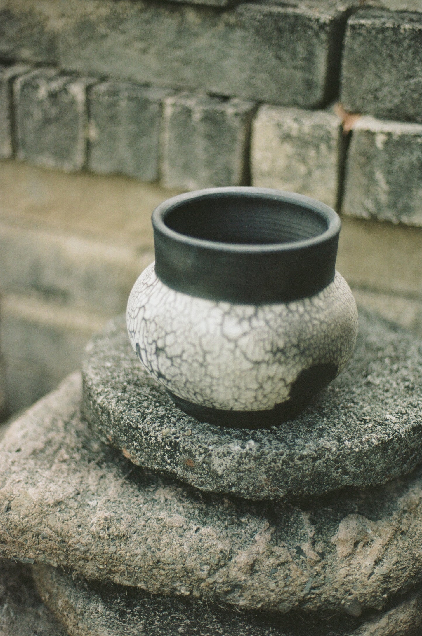 Raku Black Crackled Rimmed Vase