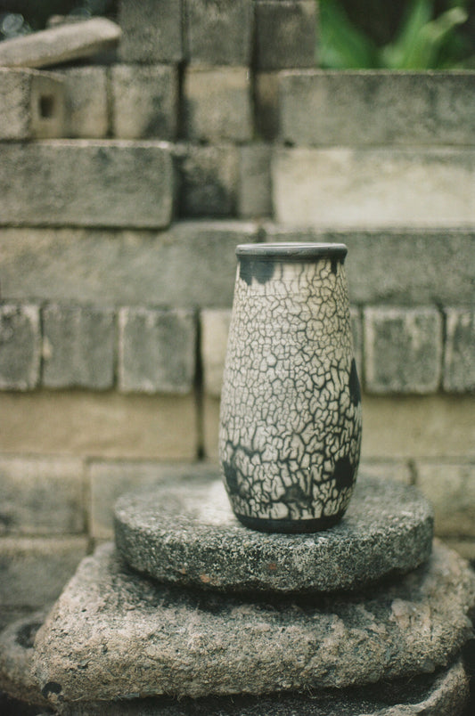 Raku Black Crackled Tall Vase